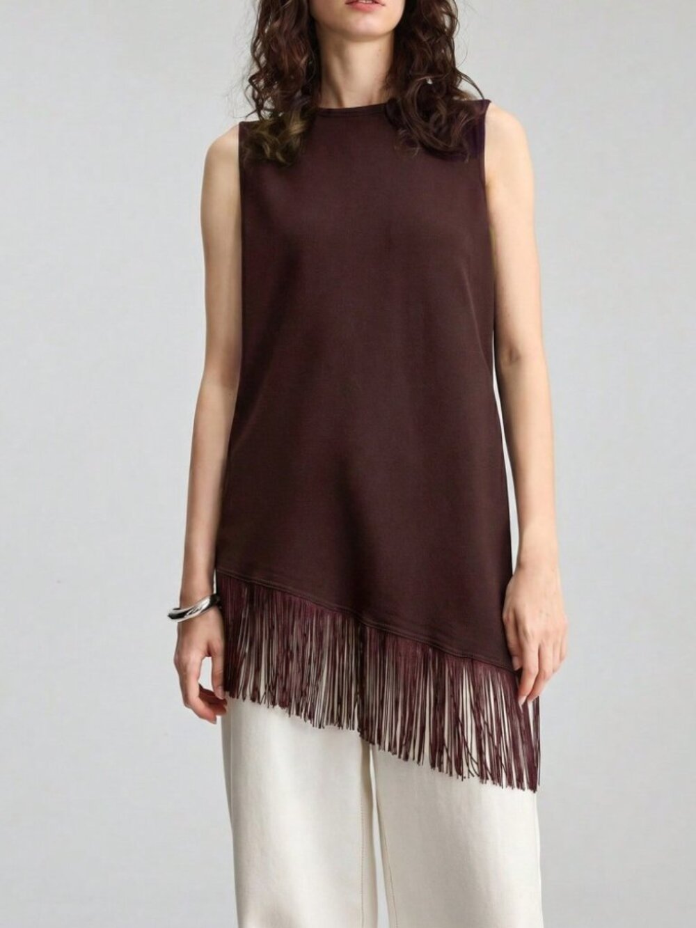 Brown Knit Fringe Hem Sleeveless Tunic Tank Top
